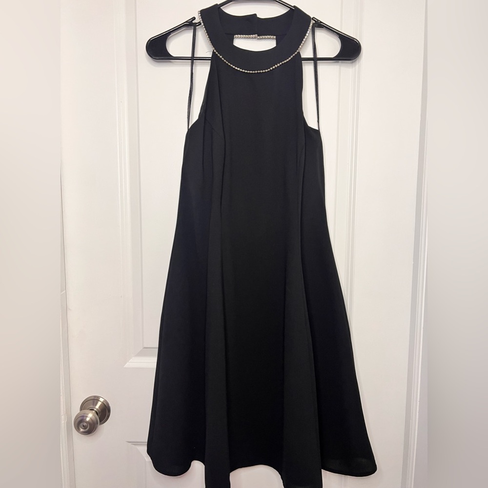 CDC Vintage 90s Mini Skater Flare Dress Black w/Rhinestone Halter - Size 10